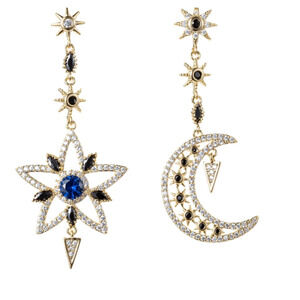 Star and Moon Eye Candy LA Luxe Collection 18K Gold Plated CZ Drop Earrings